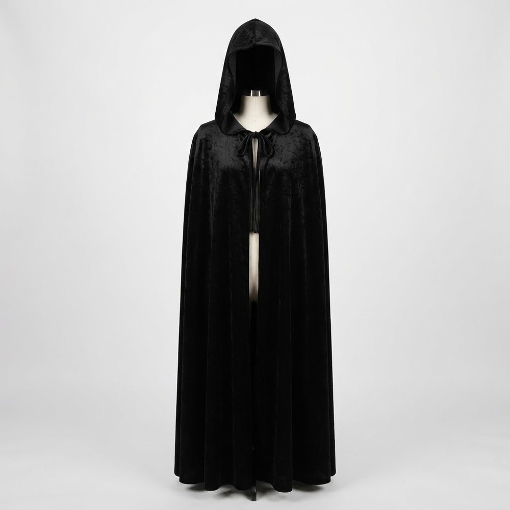 Spirit Halloween Black Crushed Velvet Hooded Cape Cloak One Size 60 Inch Length